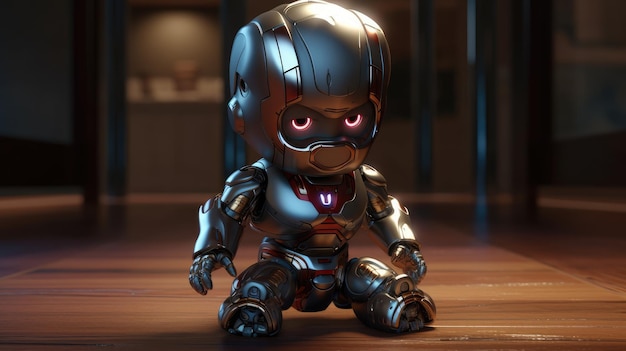 A toy robot with the word iron on it