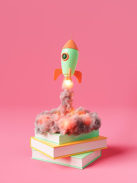 Toy rocket launching from books stack
