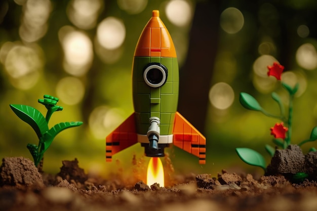 Toy rocket taking off from the ground blurred background AI