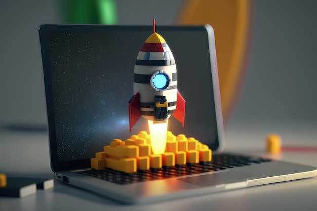 Toy rocket on top of open laptop AI