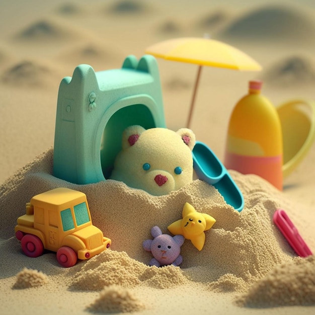 Игрушечный замок из песка с голубым игрушечным мишкой.