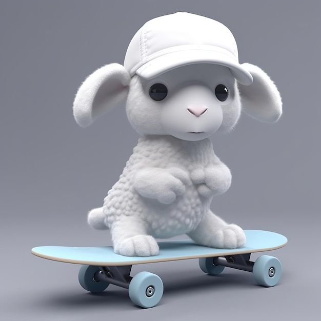 A toy sheep wearing a hat sits on a skateboard.