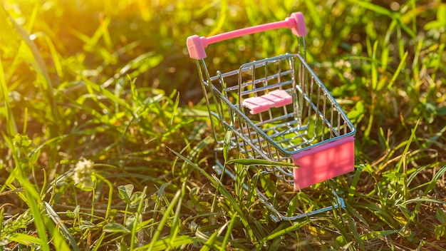 Toy shopping cart in lush grass at sunset light closeup premium photo