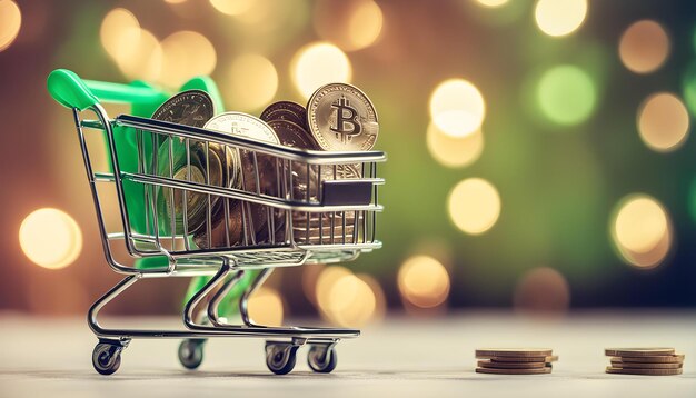 a toy in a shopping cart with coins in it