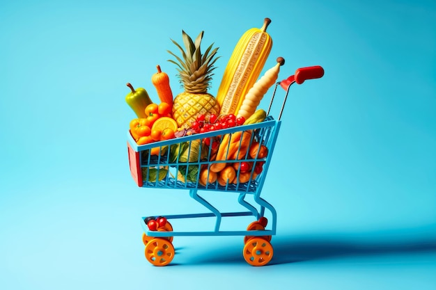 Toy shopping cart with fruits and vegetables on blue background