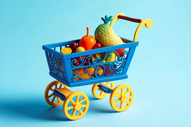 Toy shopping cart with fruits and vegetables on blue background