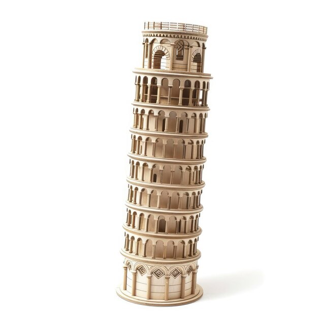 Photo toy small wooden world architectural landmark the leaning tower of pisa isolated on white background