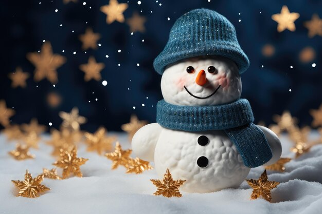 Toy snowman on a blue background with snow and Christmas balls New Year banner postcard