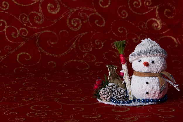 Toy snowman on bokeh background. new year card. christmas tree toy. decoration for the holiday