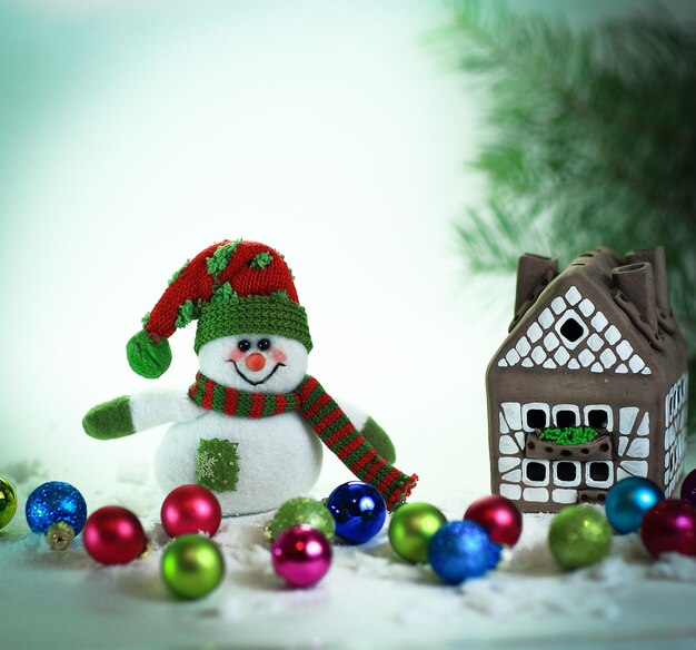 Toy snowman and a gingerbread house on a light background