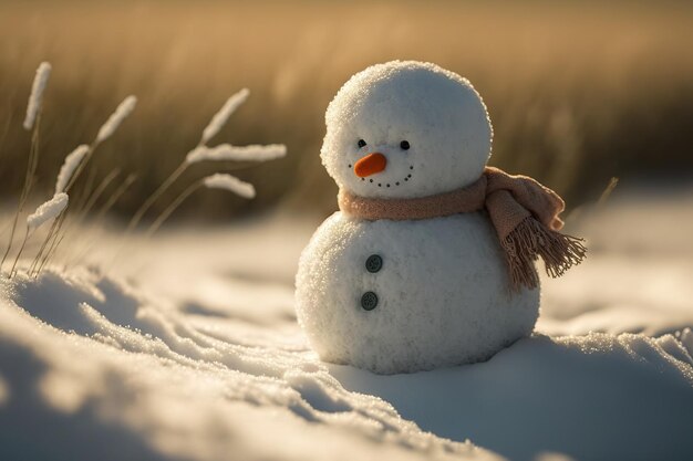 Игрушечный снеговик в снегу на поле Снеговик - эмблема праздника и нового года