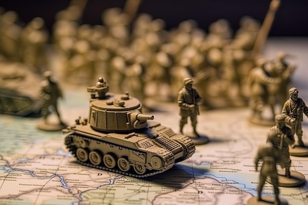 Toy soldiers and tanks on map of countries for strategy and planning of military defensive and offensive actions in war Generative AI