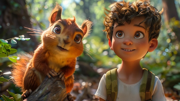 a toy squirrel and a boy with a backpack and a toy