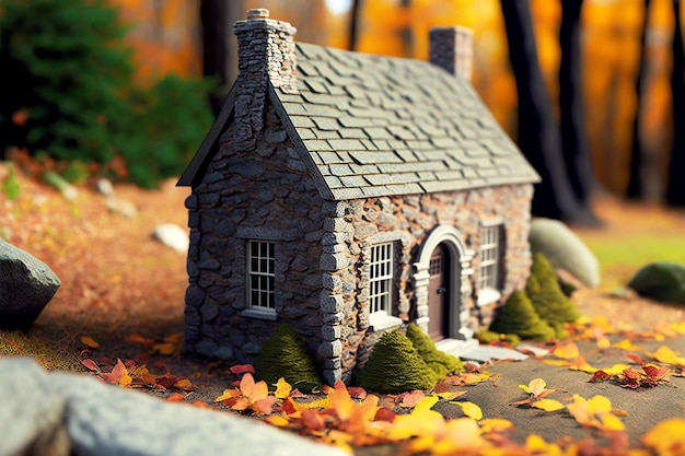 Toy stone grey tiny house in autumn foliage