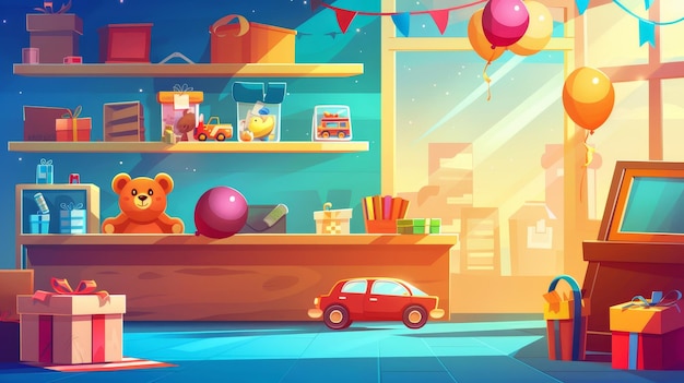 Photo toy store game interior modern cartoon background a shelf with toys for children teddy bear balloons books and a car for a child are on shelves on a sunny day the sun is shining through the