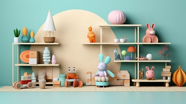 A toy store with a blue background and a toy rabbit on the shelf.