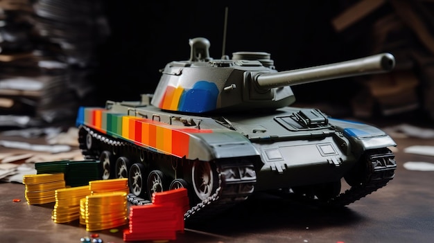 Toy tank on plastic bank cards Visa and Mastercard Generative Ai