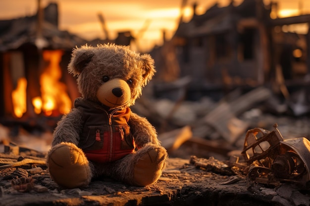 toy teddy bear against the backdrop of a destroyed cit