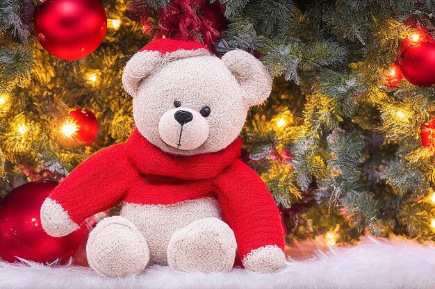 Photo toy teddy bear in knitted scarf on christmas tree lights background generated by ai