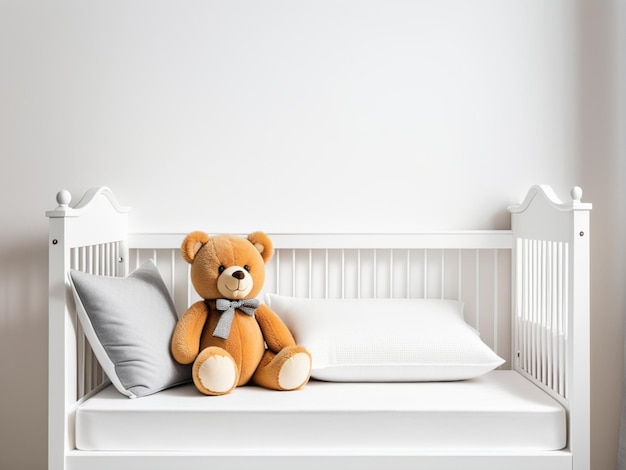 Toy teddy bear sitting in white baby bed Baby kid room interior design