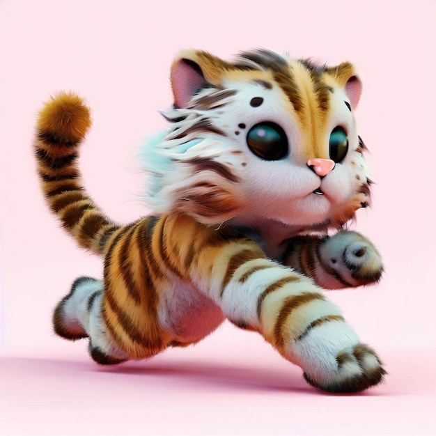 A toy tiger with a black nose and eyes is running.