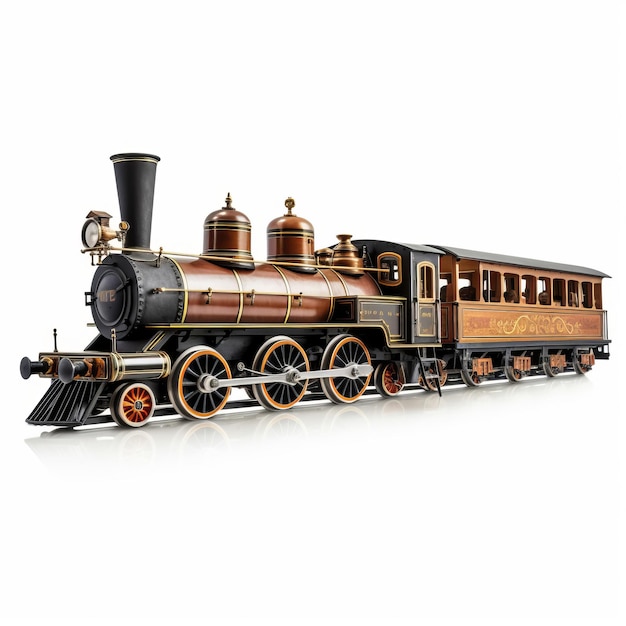 Foto un treno giocattolo è mostrato su uno sfondo bianco
