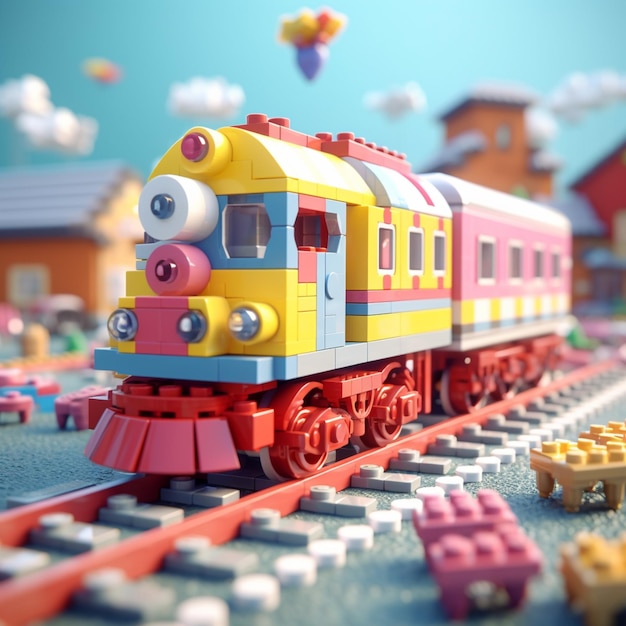 A toy train is on the tracks in a toy city.