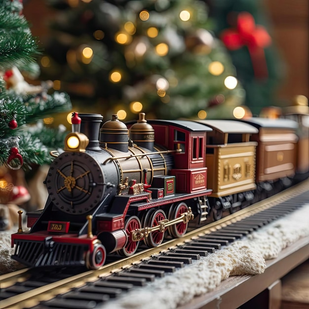 A toy train set running under and around the Christmas tree