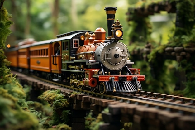 A toy train traveling over a bridge in a forest AI