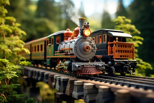 A toy train traveling over a bridge in a forest AI