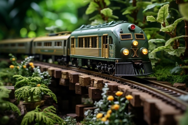 A toy train traveling over a bridge in a forest AI