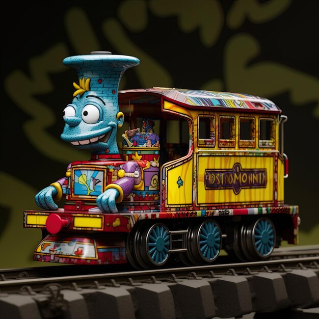 a toy train with a cartoon character on the front and the words movie theater on the side