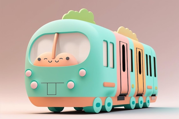 A toy train with a cute face that says hello kitty on it.