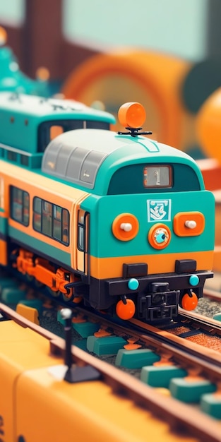 A toy train with a green and yellow front.