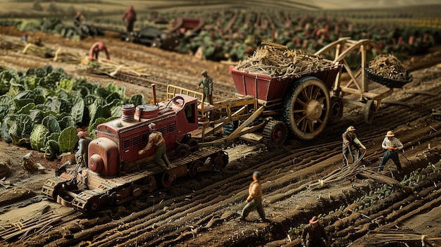 Photo a toy train with a man on it and a tractor in the back