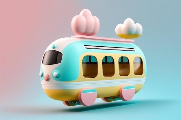 A toy train with a pink and blue roof.