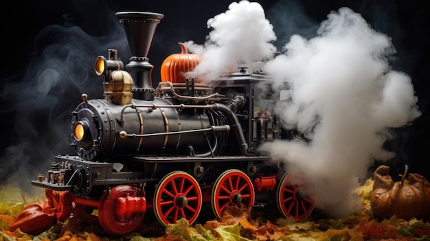 Игрушечный поезд с дымом, выходящим из него.