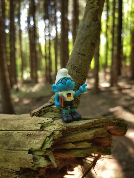 Foto giocattolo sul tronco di un albero nella foresta