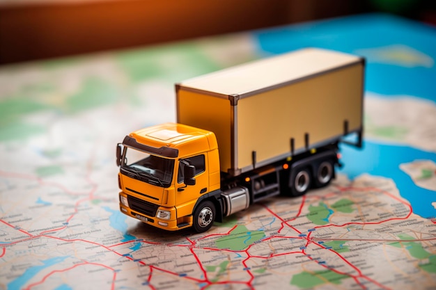 Toy truck on a map representing logistics and transportation