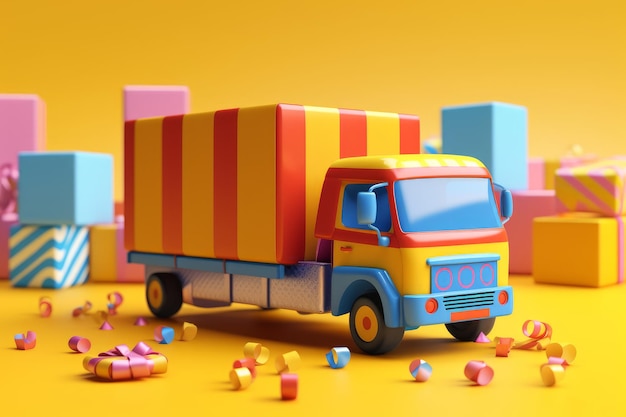 「dor」と書かれた赤と黄色の縞模様の箱が付いたおもちゃのトラック。