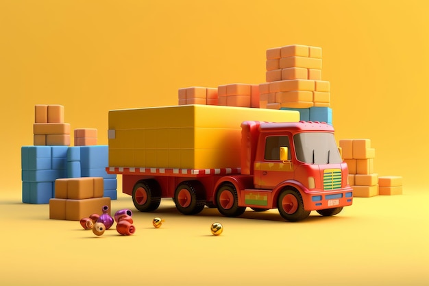 A toy truck with a red and yellow trailer is in front of boxes.