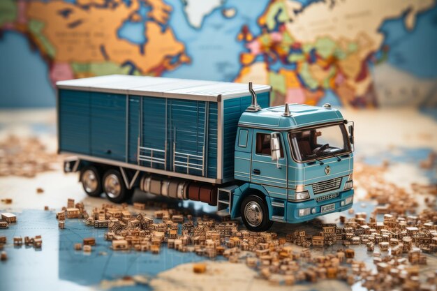 Photo toy truck on world map