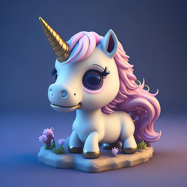 A toy unicorn with pink hair and a pink horn is on a small rock.