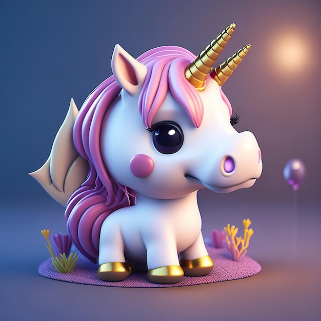 A toy unicorn with purple hair and purple hair is standing on a purple mat.