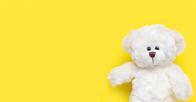 Toy white bear on yellow background. 