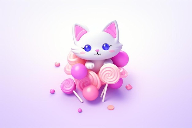 Photo a toy of a white cat with pink eyes and blue eyes sits on a pink background with candies.