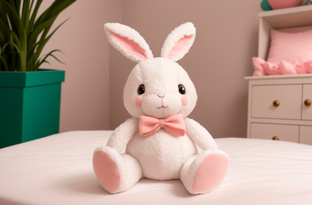 A toy of a white plush rabbit in the children's room Generative AI