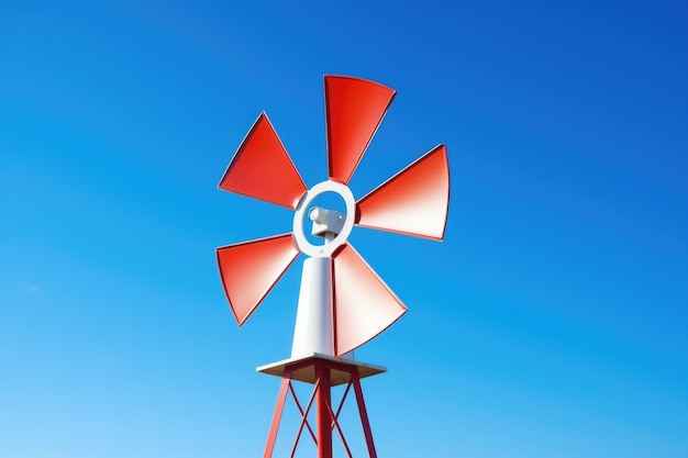 A toy windmill model against a clear blue sky