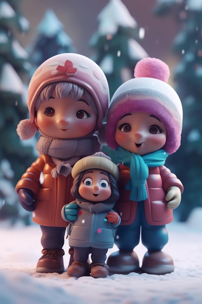 雪景色の女の子と男の子のおもちゃ