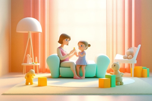 A toy with a girl sitting on a couch